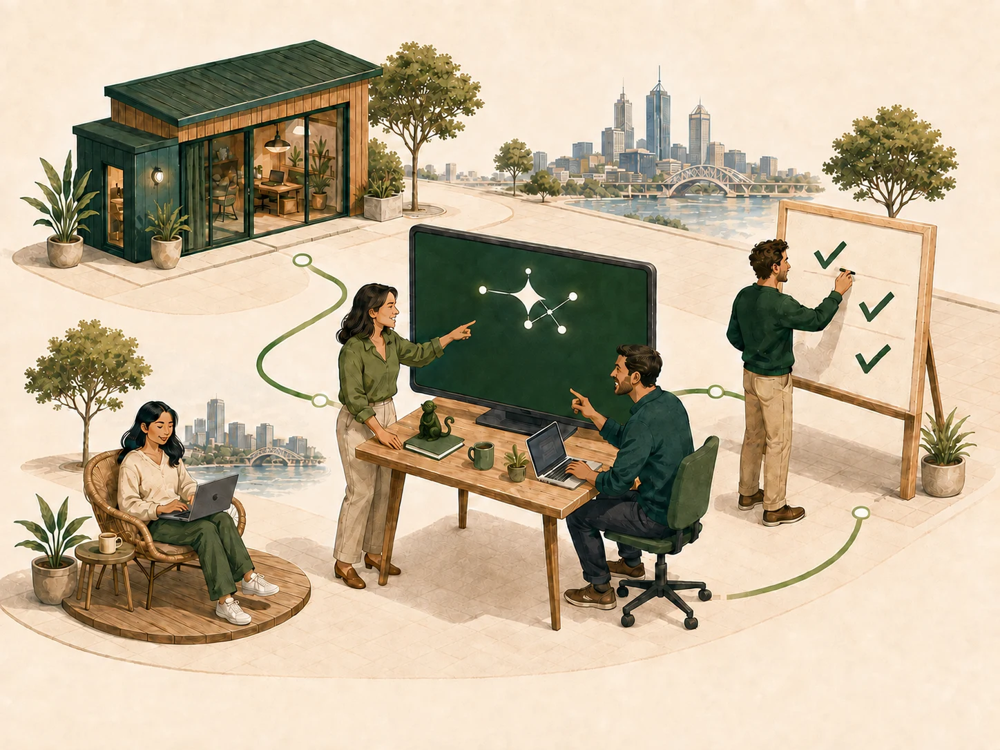 People working with AI and a shared task board, connected to workplaces in an open courtyard with trees and plants.